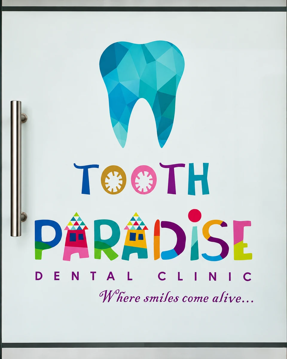 Colourful Tooth Paradise branding on the clinic entrance
